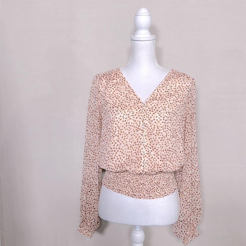 Joie‎ Womens Leopard Print V neck Puff sleeve Blouse Elastic Waist Size SP